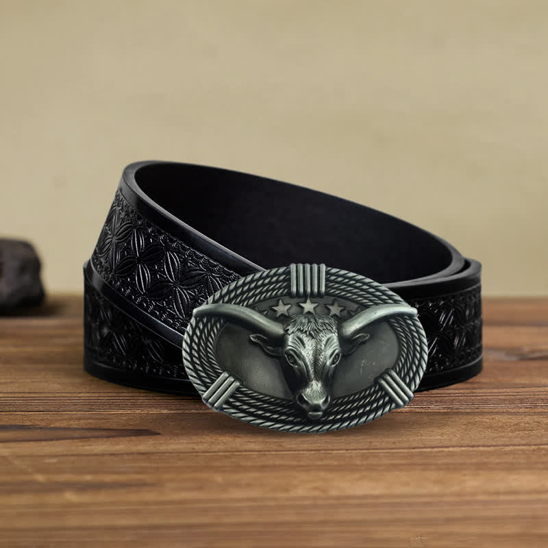 Men's DIY Retro Five Stars Bull Head Buckle Leather Belt - Image 16