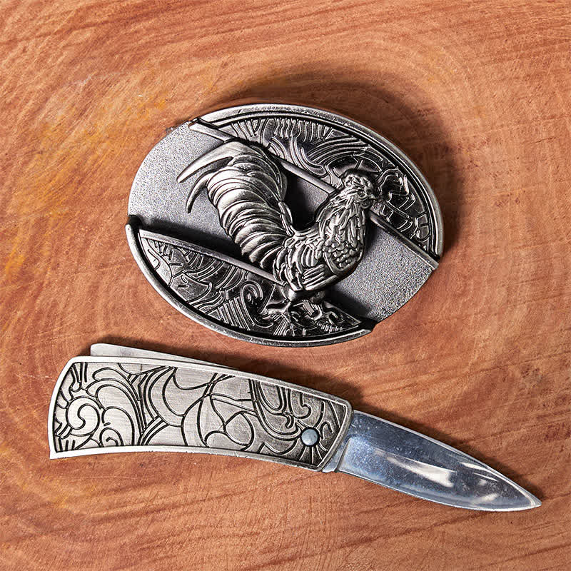 Men's DIY Rooster Hidden Folding Knife Leather Belt - Image 2