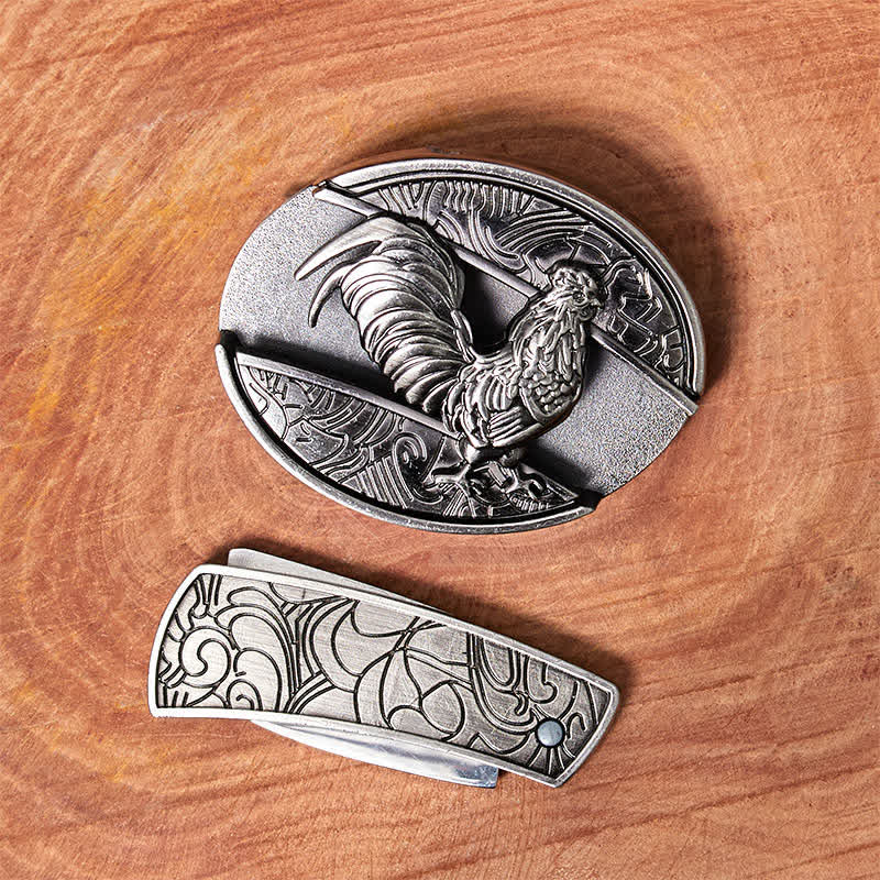 Men's DIY Rooster Hidden Folding Knife Leather Belt - Image 3