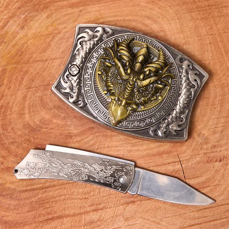 Men's DIY Sharp-billed Dragon Hidden Folding Knife Leather Belt - Image 2