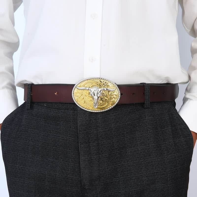Men's DIY Shining Golden Bull Head Buckle Leather Belt - Image 3