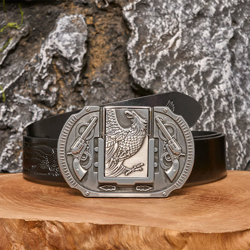 Men's DIY Silver Eagle Guns Leather Belt with Hidden Lighter - Image 3