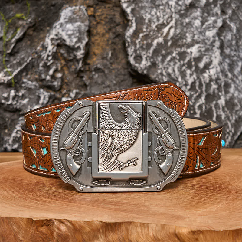 Men's DIY Silver Eagle Guns Leather Belt with Hidden Lighter - Image 4