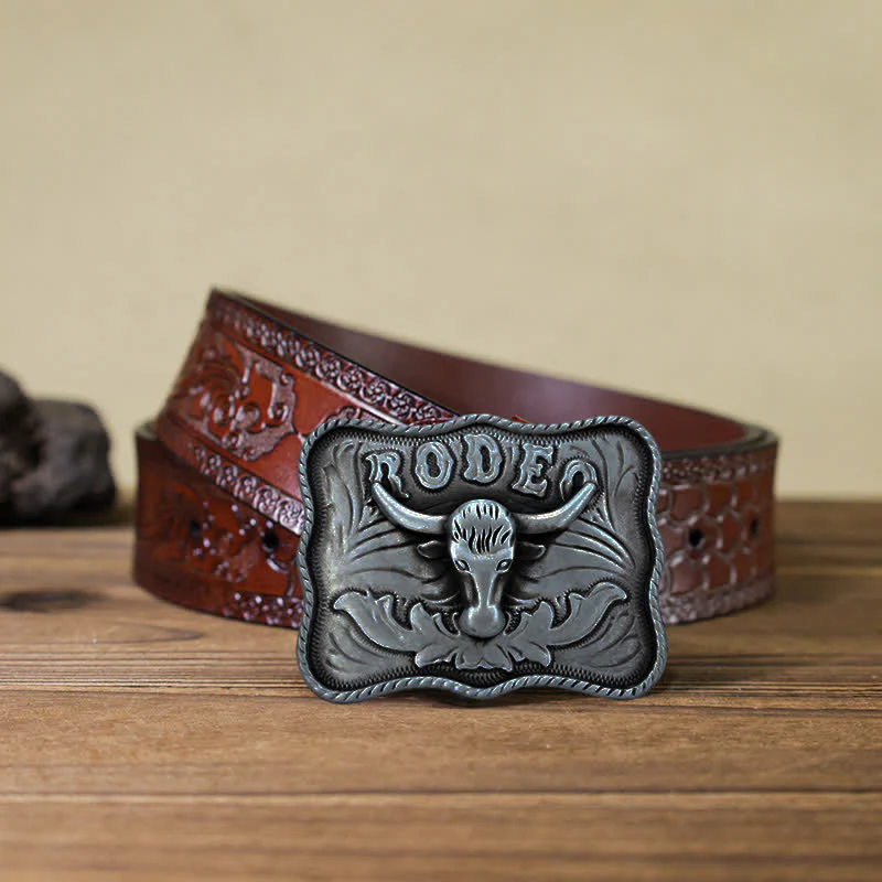 Men's DIY Silver Longhorn Bull Rodeo Buckle Leather Belt - Image 12