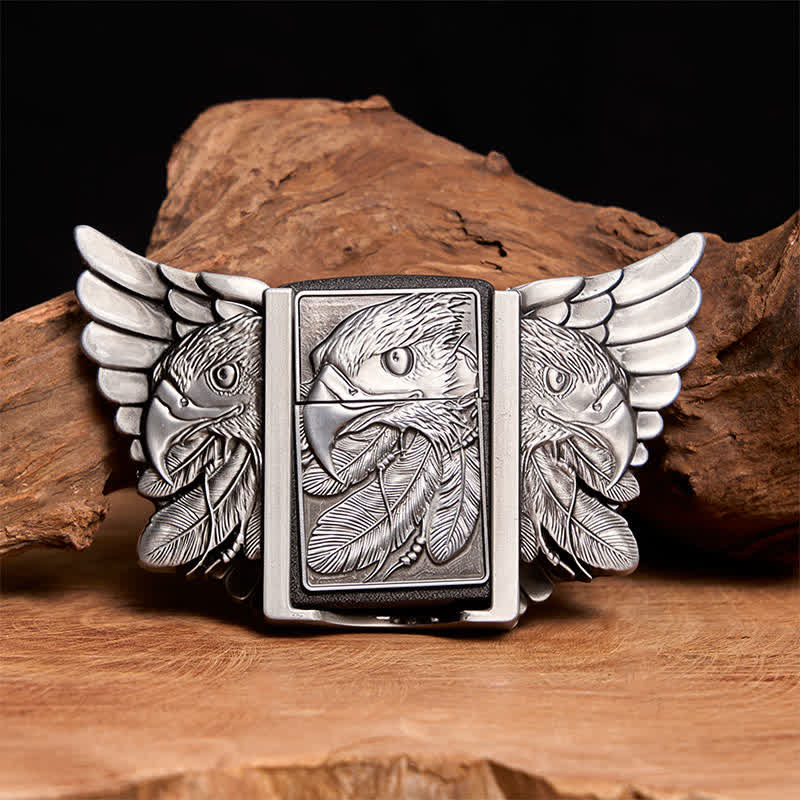 Men's DIY Silver Mighty Eagle Leather Belt With Hidden Lighter