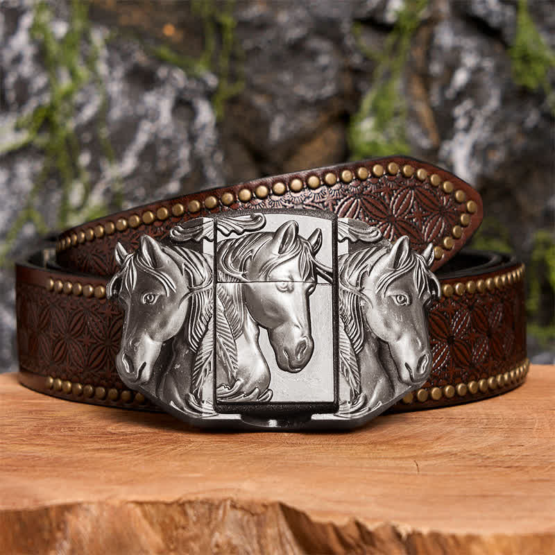 Men's DIY Silver Triple Horses Leather Belt With Hidden Lighter - Image 5
