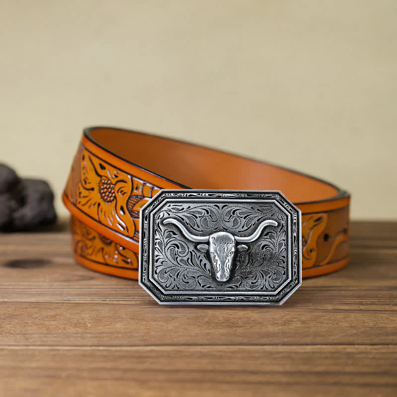 Men's DIY Simple Longhorn Bull Head Buckle Leather Belt - Image 18