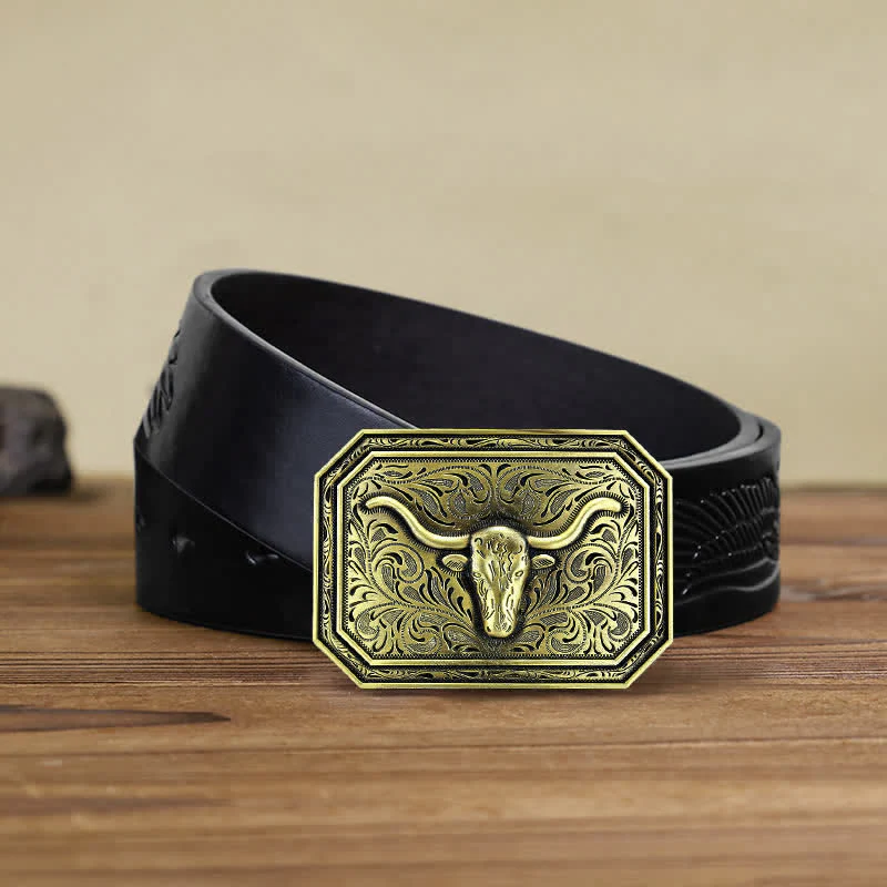 Men's DIY Simple Longhorn Bull Head Buckle Leather Belt - Image 9