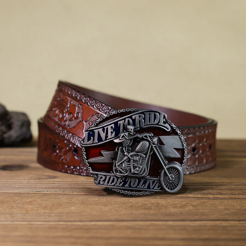 Men's DIY Skull Biker Live to Ride Buckle Leather Belt - Image 11