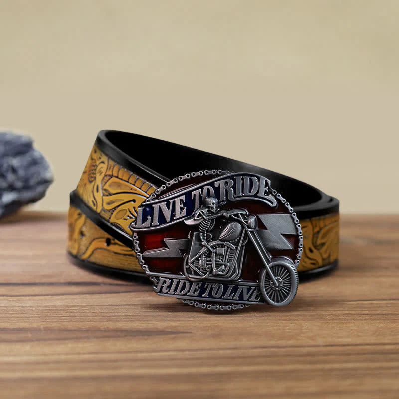 Men's DIY Skull Biker Live to Ride Buckle Leather Belt - Image 13