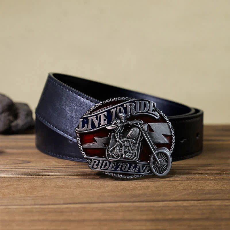 Men's DIY Skull Biker Live to Ride Buckle Leather Belt - Image 3