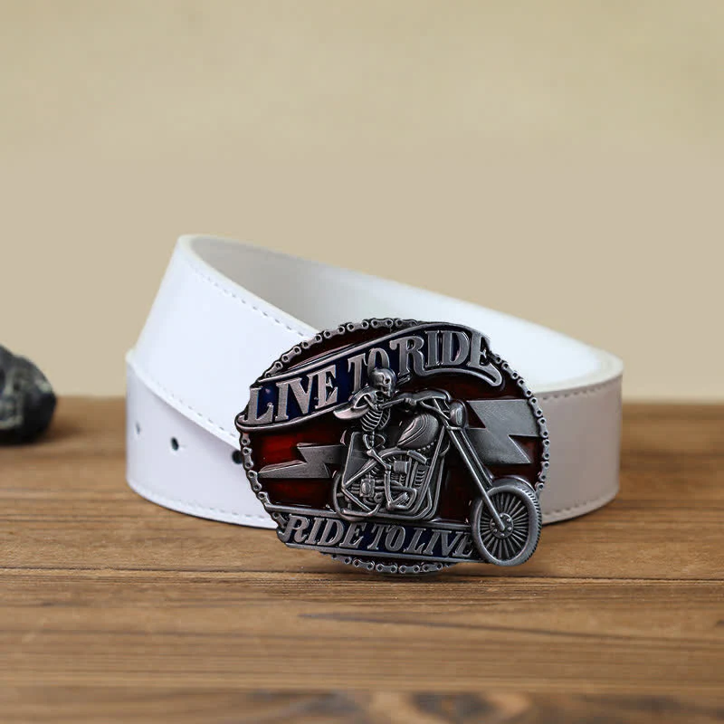 Men's DIY Skull Biker Live to Ride Buckle Leather Belt - Image 5