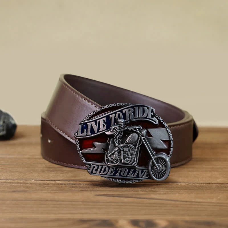 Men's DIY Skull Biker Live to Ride Buckle Leather Belt - Image 7