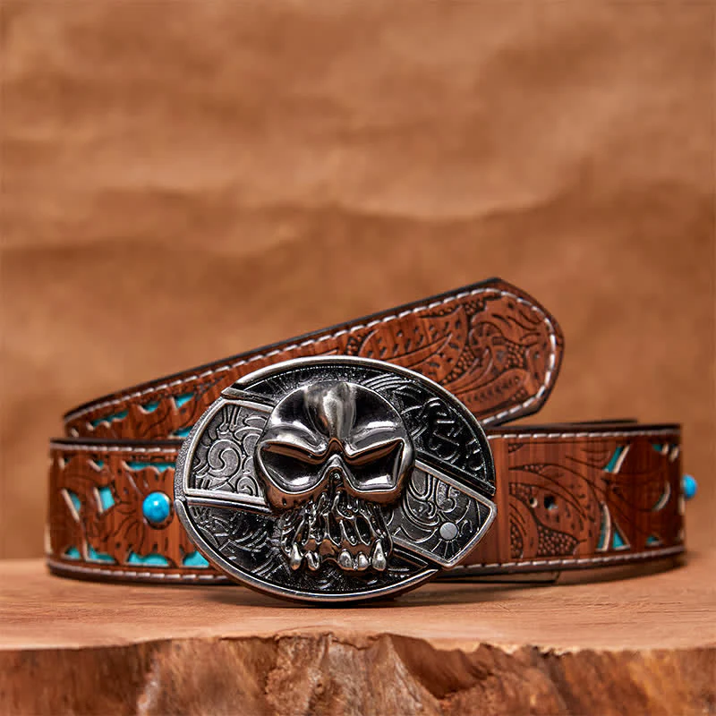 Men's DIY Skull Head Hidden Folding Knife Leather Belt - Image 6