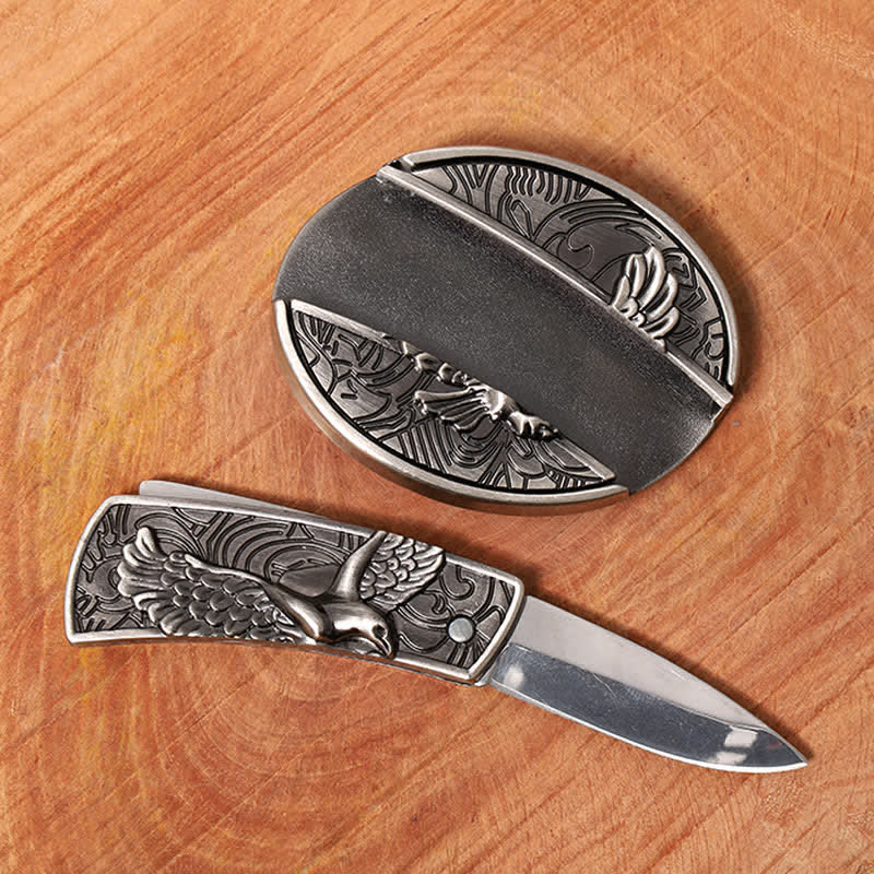 Men's DIY Soaring Eagle Hidden Folding Knife Leather Belt - Image 2