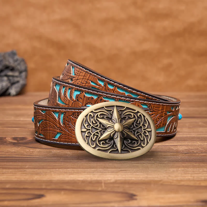 Men's DIY Solid Brass Hexagram Star Buckle Leather Belt - Image 3