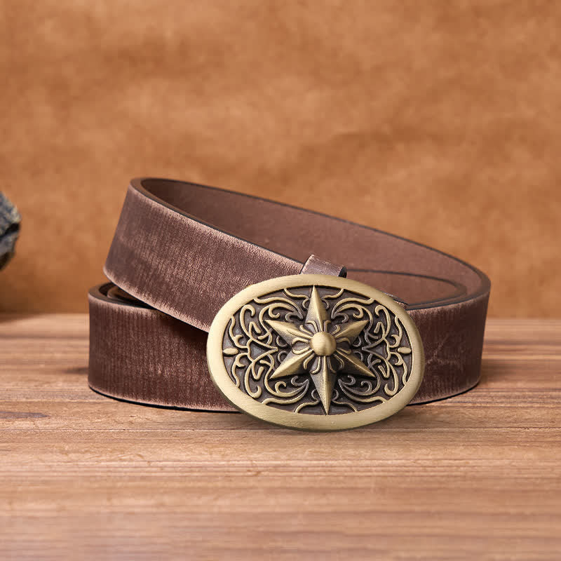 Men's DIY Solid Brass Hexagram Star Buckle Leather Belt - Image 5