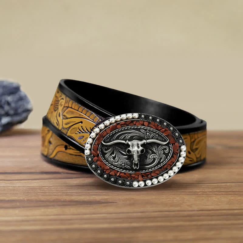 Men's DIY Sparkling Pearl Stones Bull Buckle Leather Belt - Image 10