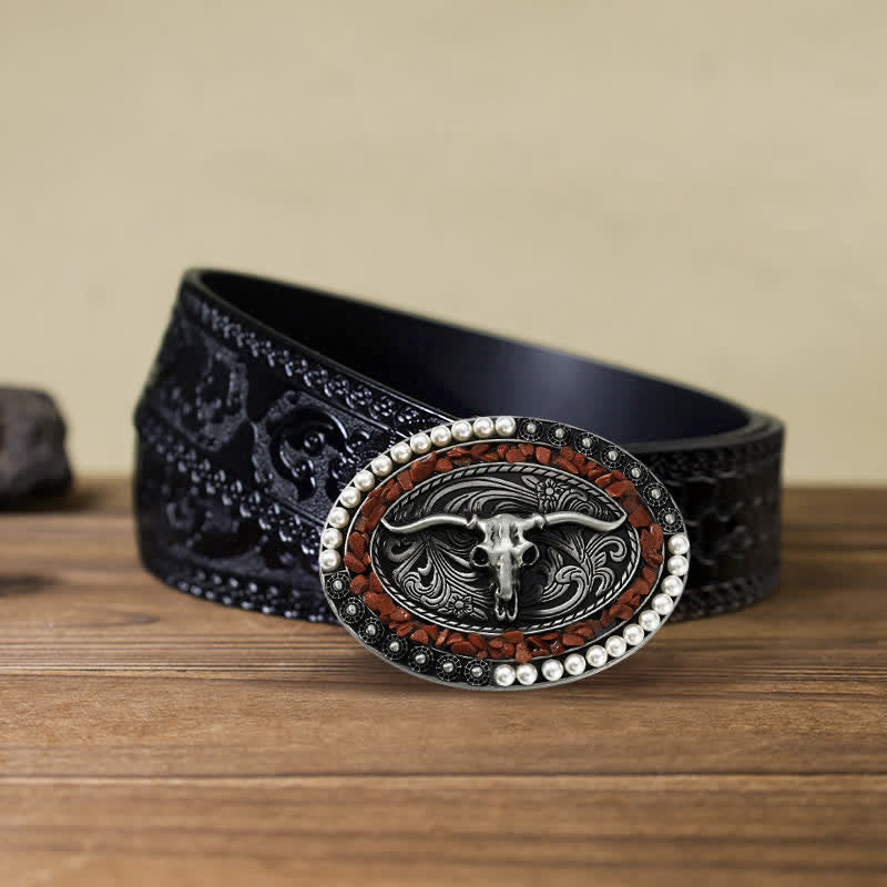 Men's DIY Sparkling Pearl Stones Bull Buckle Leather Belt - Image 8