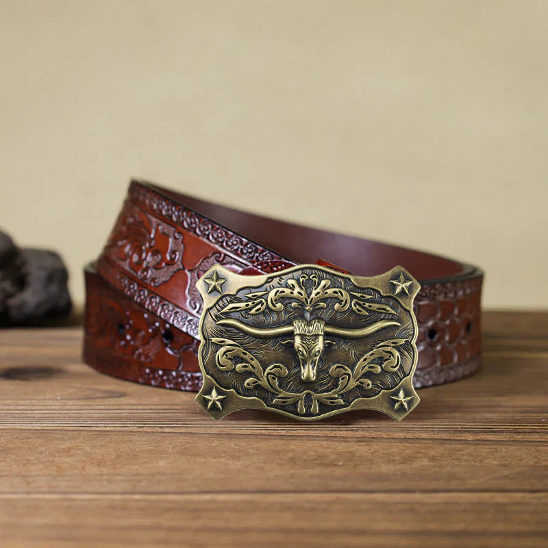 Men's DIY Square Western Bull Head Buckle Leather Belt - Image 14