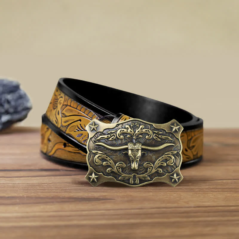 Men's DIY Square Western Bull Head Buckle Leather Belt - Image 16