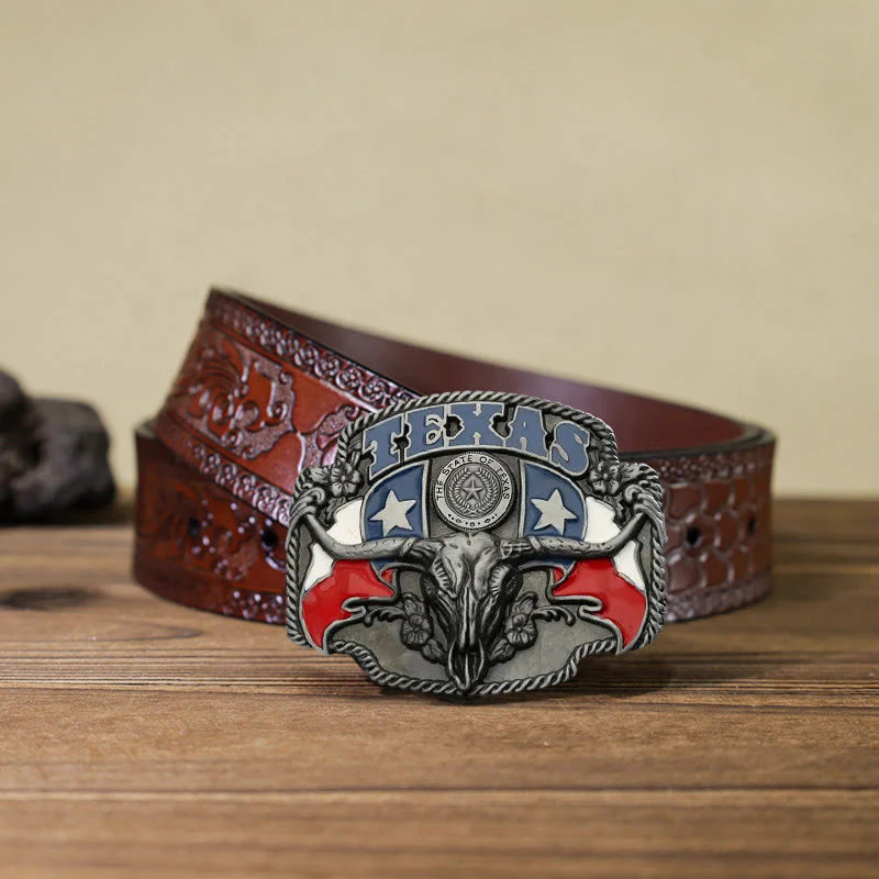 Men's DIY Texas Flag Longhorn Bull Buckle Leather Belt - Image 11