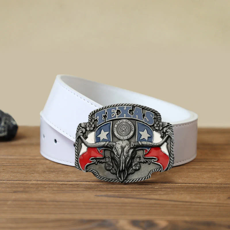 Men's DIY Texas Flag Longhorn Bull Buckle Leather Belt - Image 7