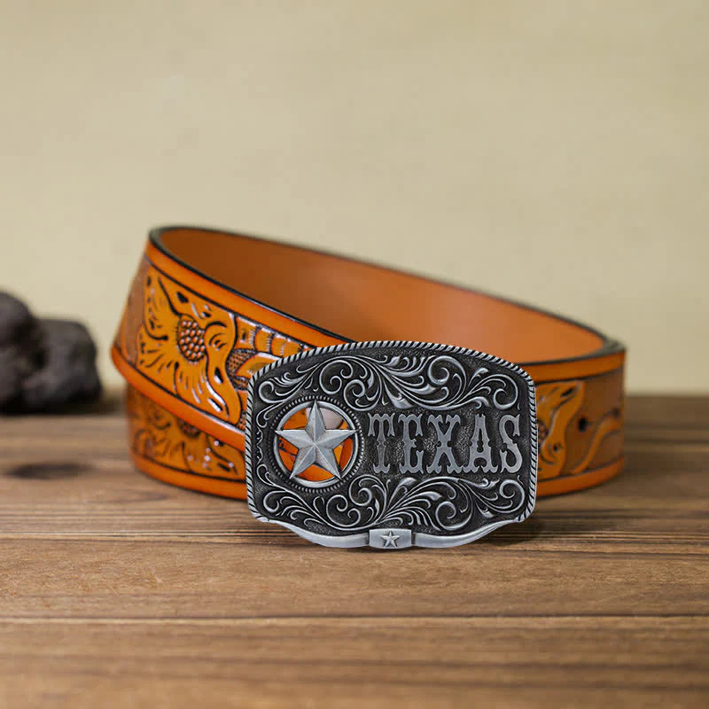 Men's DIY Texas Hollow Pentagrame Buckle Leather Belt - Image 20