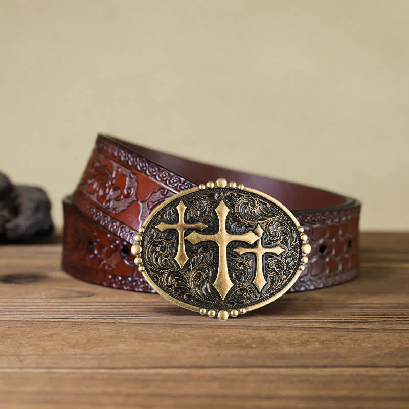 Men's DIY Three Crosses Attitude Buckle Leather Belt - Image 11