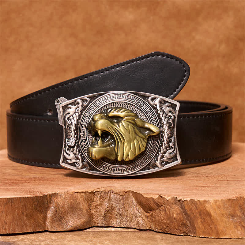 Men's DIY Tiger Hidden Folding Knife Leather Belt - Image 4