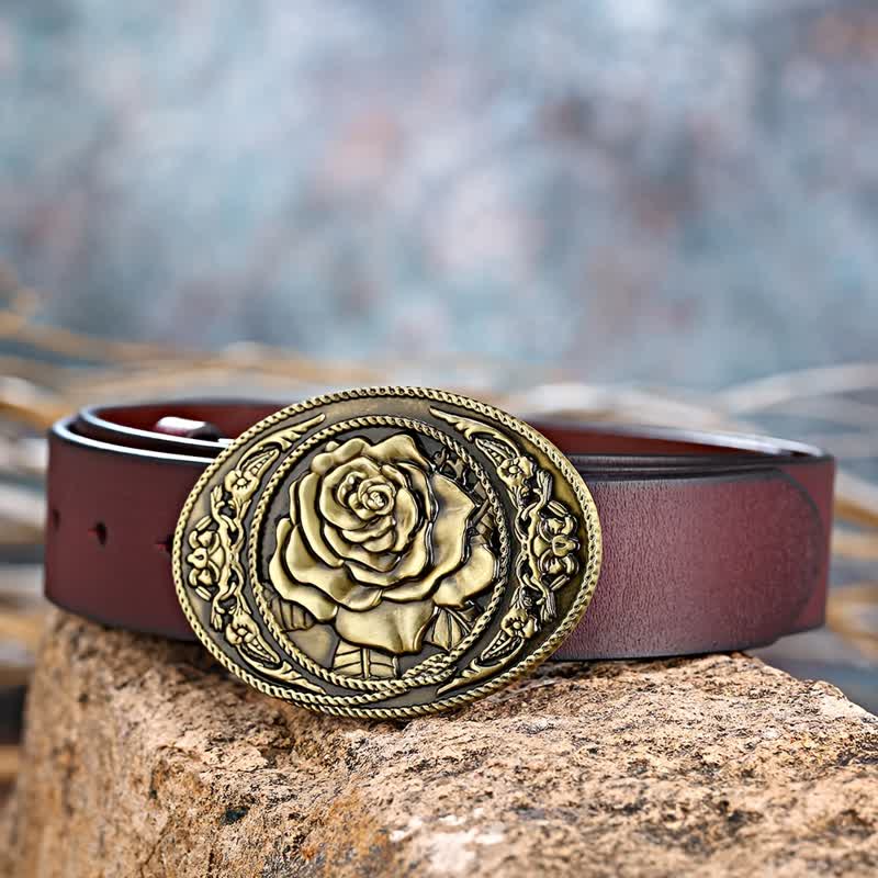 Men's DIY Trendy Western Rose Buckle Leather Belt - Image 2
