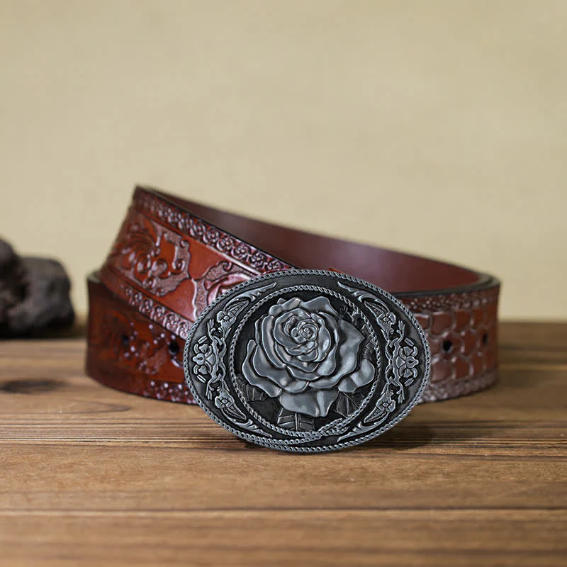 Men's DIY Trendy Western Rose Buckle Leather Belt - Image 21