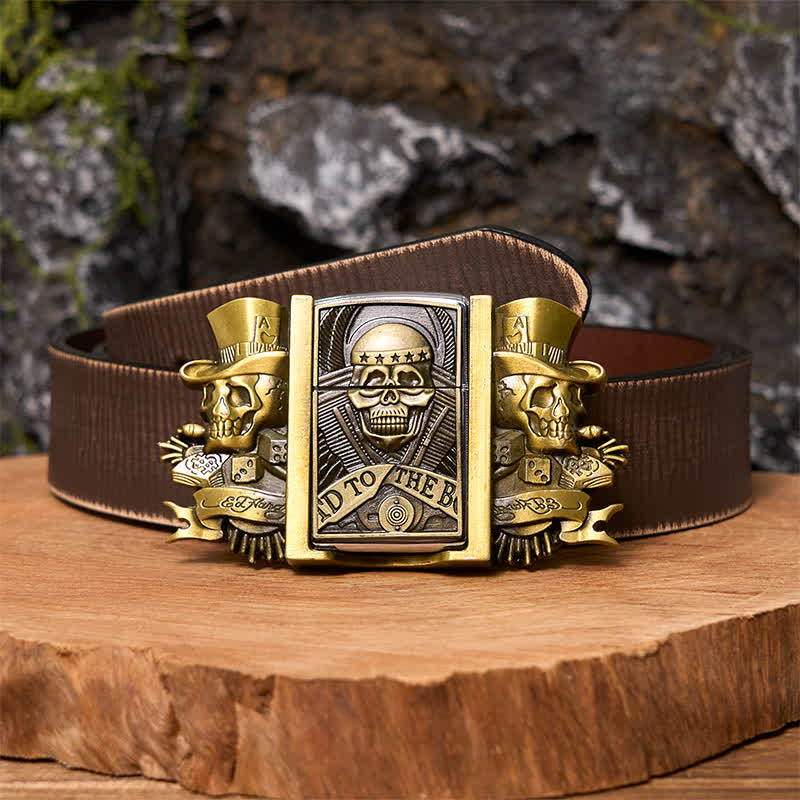Men's DIY Triple Joker Skulls Bronze Leather Belt with Hidden Lighter - Image 8