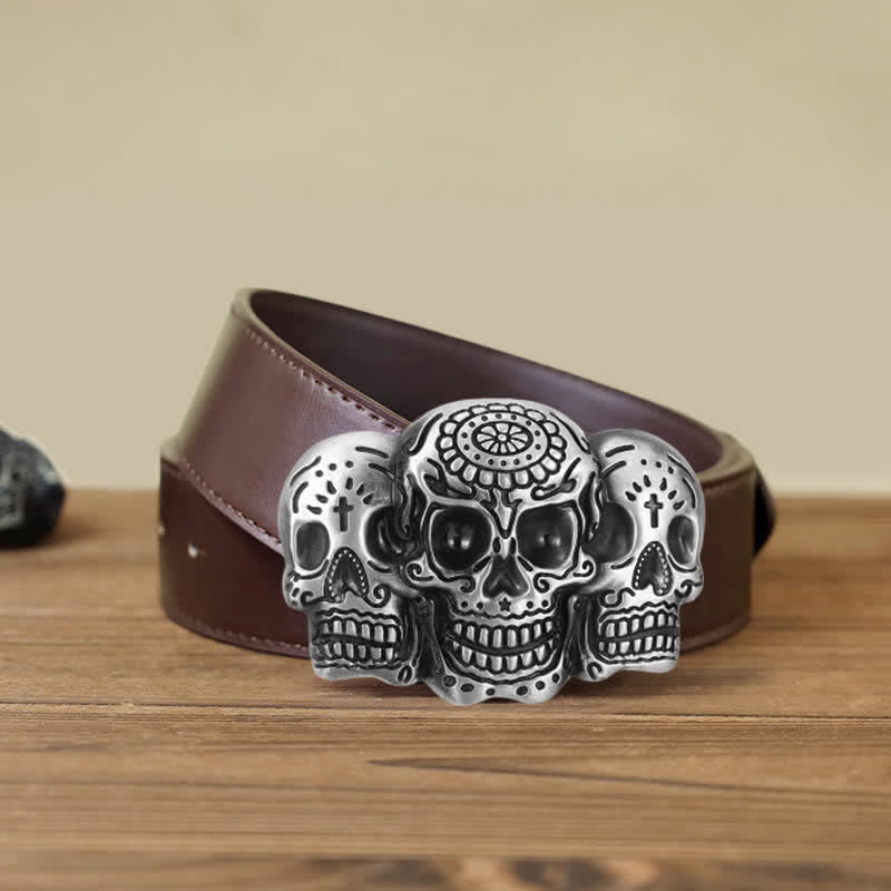 Men's DIY Triple Skull Head Buckle Leather Belt - Image 9