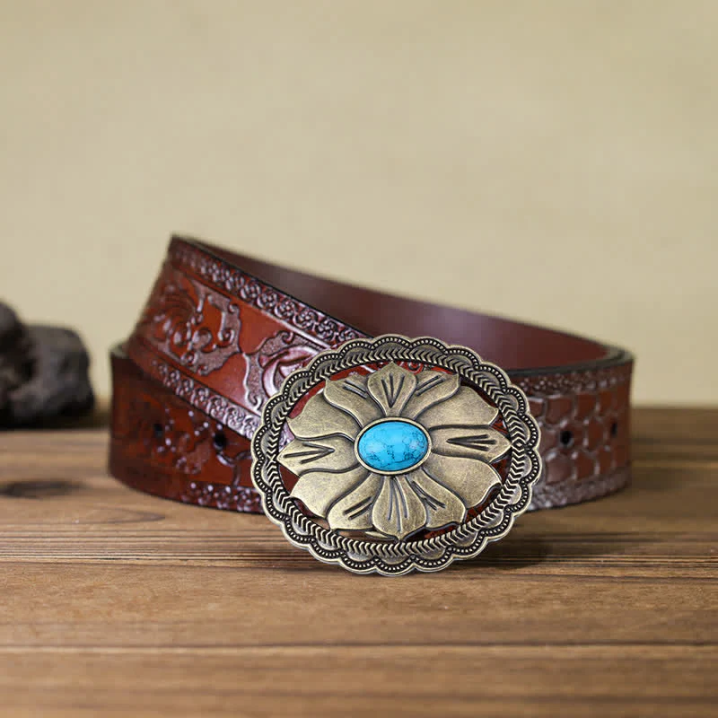 Men's DIY Turquoise Inlaid Floral Buckle Leather Belt - Image 10