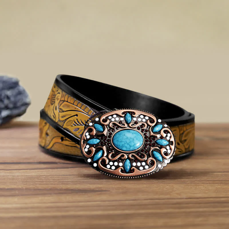 Men's DIY Turquoise Mixed Stones Buckle Leather Belt - Image 10