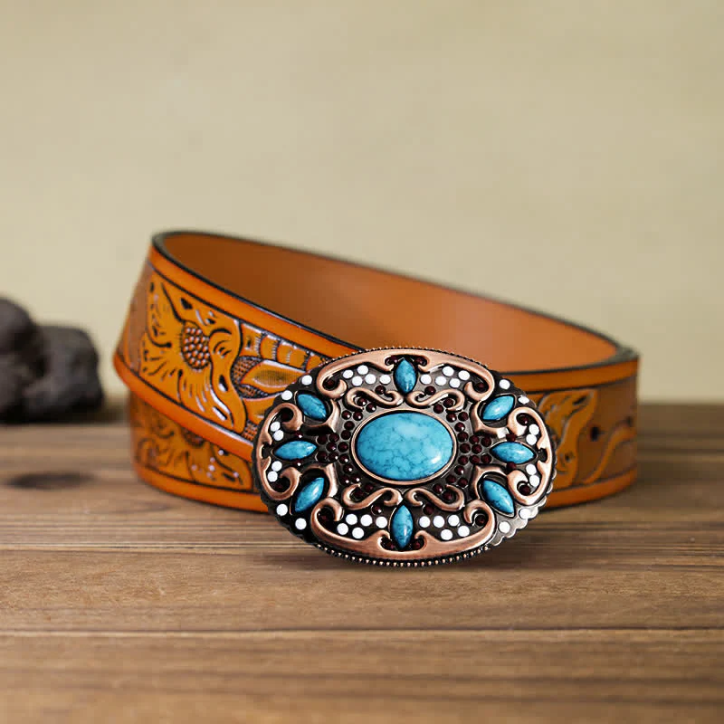 Men's DIY Turquoise Mixed Stones Buckle Leather Belt - Image 11
