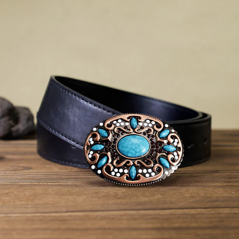 Men's DIY Turquoise Mixed Stones Buckle Leather Belt - Image 5