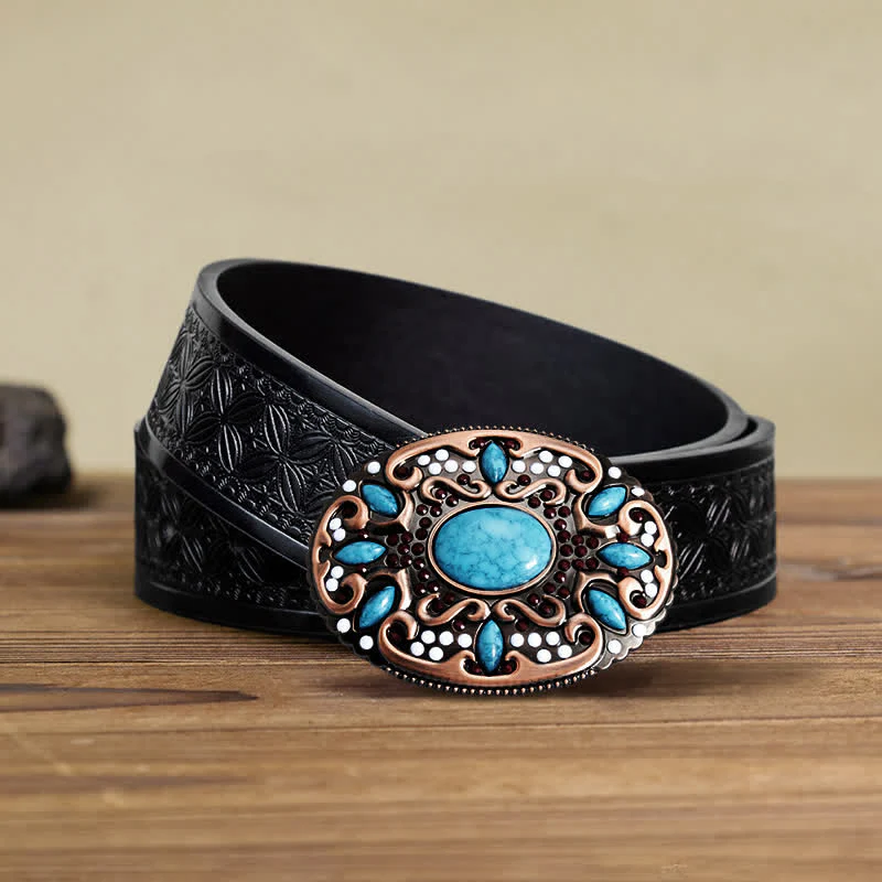 Men's DIY Turquoise Mixed Stones Buckle Leather Belt - Image 7