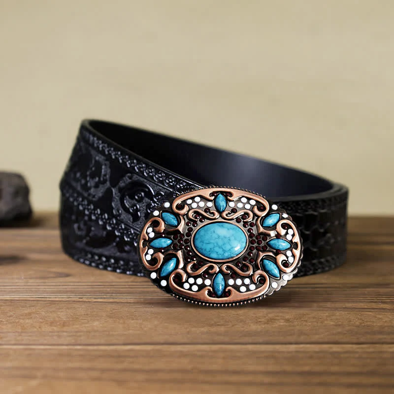 Men's DIY Turquoise Mixed Stones Buckle Leather Belt - Image 8