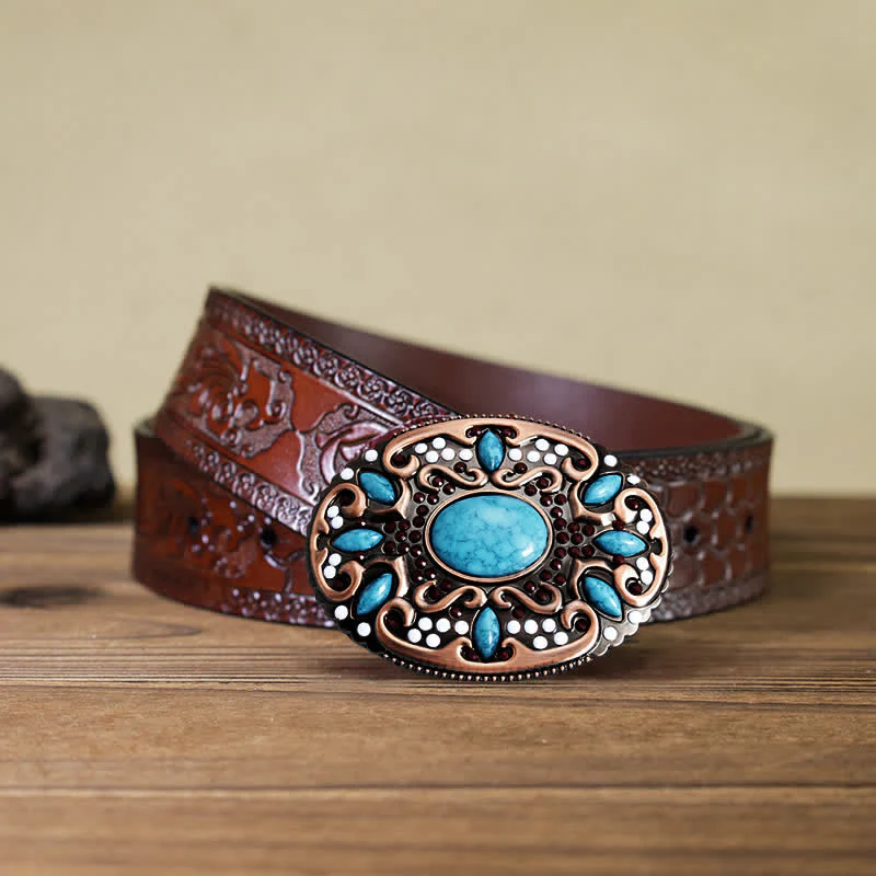 Men's DIY Turquoise Mixed Stones Buckle Leather Belt - Image 9
