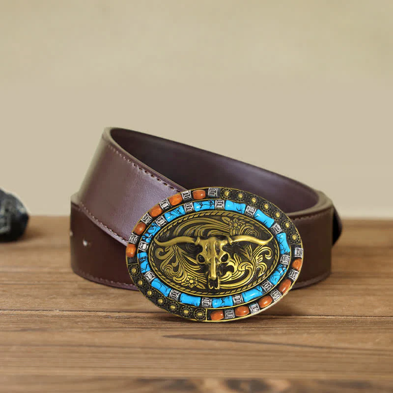 Men's DIY Turquoise Wood Bead Bull Buckle Leather Belt - Image 11