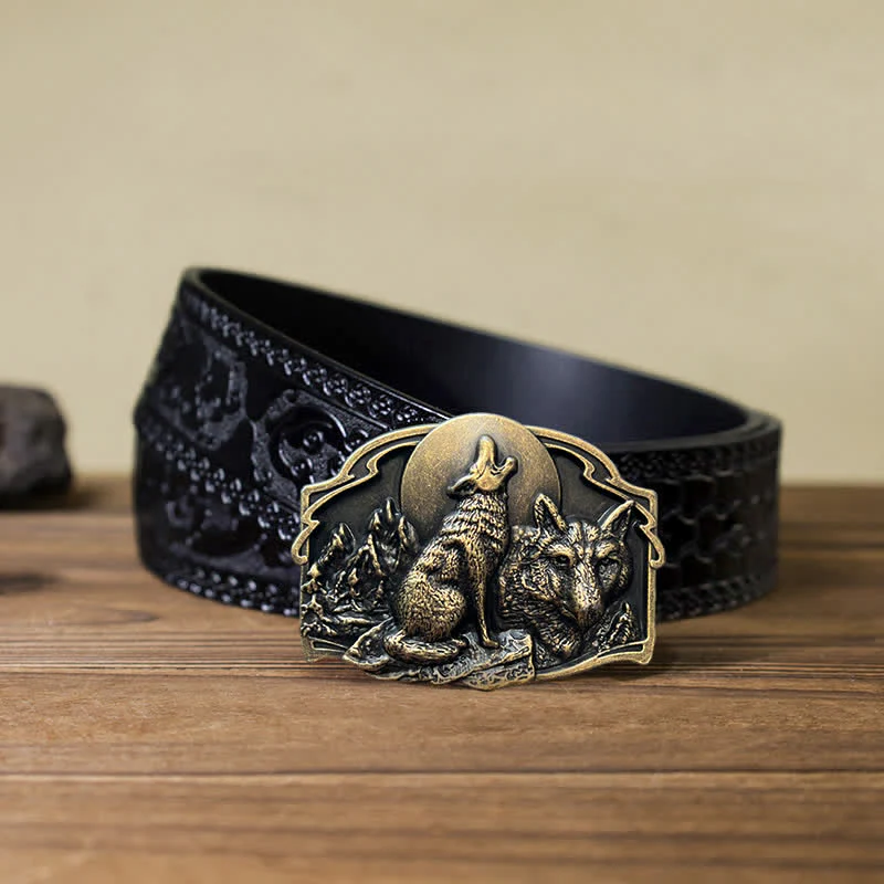 Men's DIY Two Wolves Forest Buckle Leather Belt - Image 16