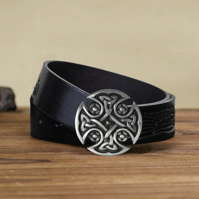 Men's DIY Viking Celtic Cross Knot Buckle Leather Belt - Image 14