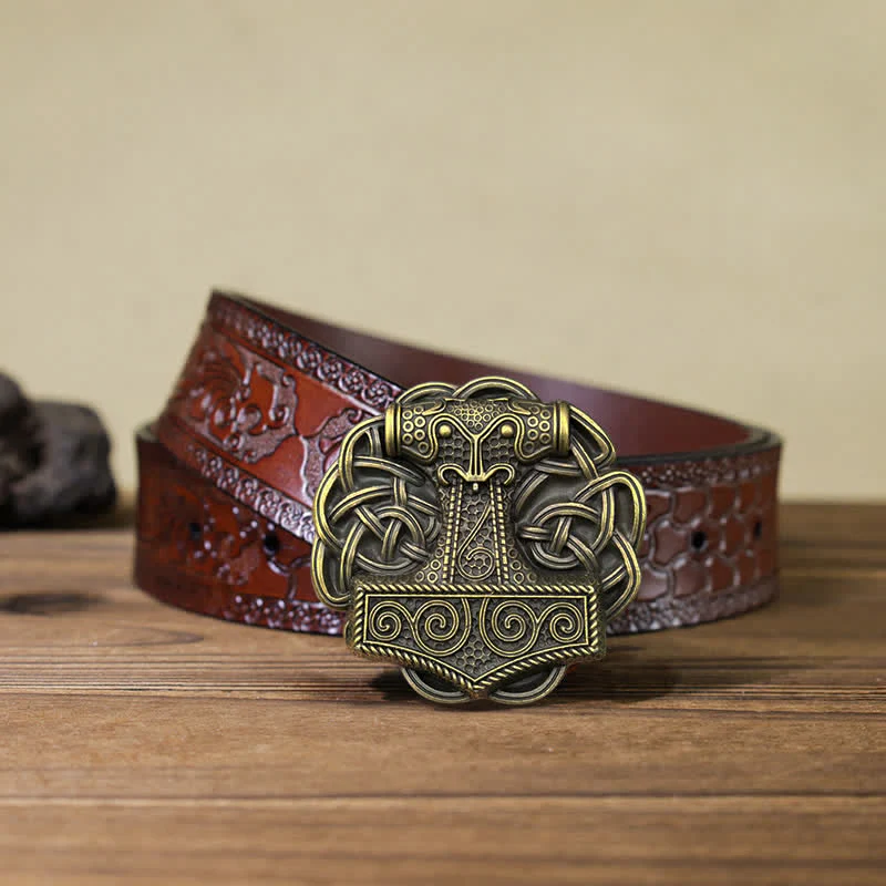 Men's DIY Viking Thor's Hammer Buckle Leather Belt - Image 11