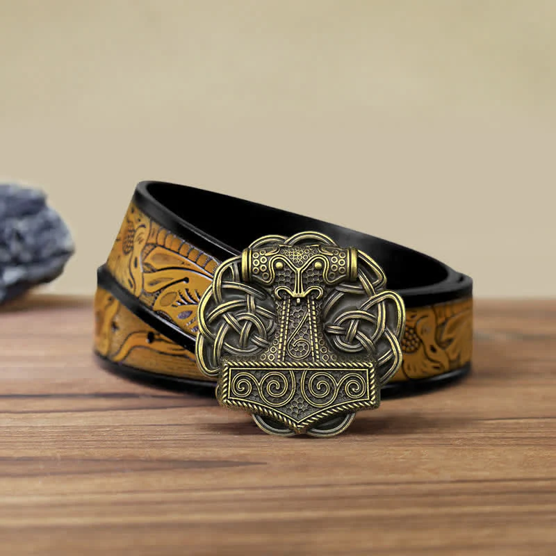Men's DIY Viking Thor's Hammer Buckle Leather Belt - Image 13