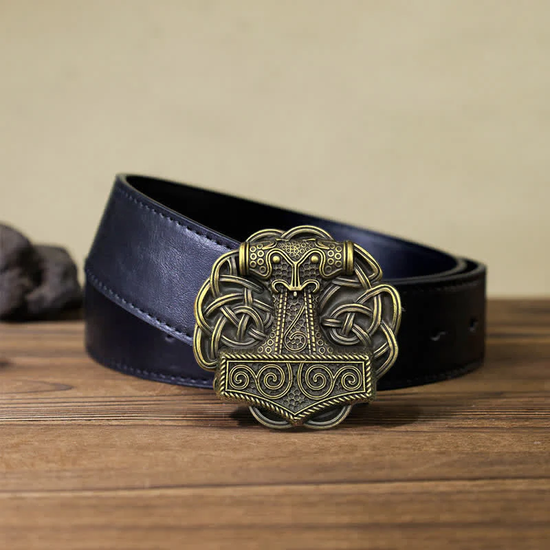 Men's DIY Viking Thor's Hammer Buckle Leather Belt - Image 3