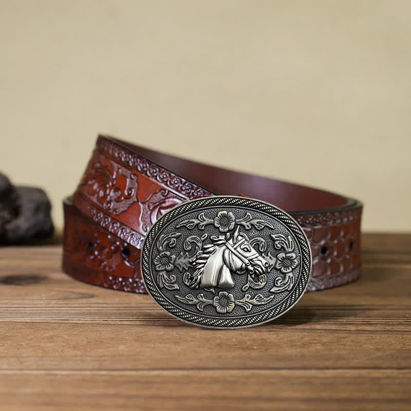 Men's DIY Western Horse Floral Buckle Leather Belt - Image 8