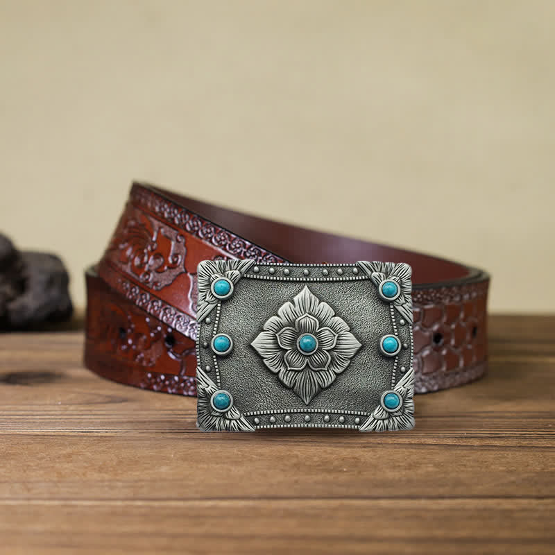 Men's DIY Western Turquoise Rectangular Buckle Leather Belt - Image 7
