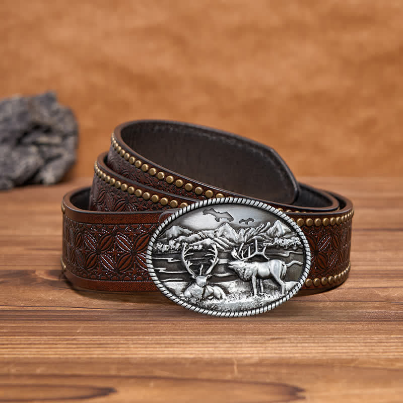 Men's DIY Wildlife Deers Western Style Buckle Leather Belt - Image 5